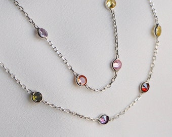 Cubic zirconia station necklace, Cz colored stones station necklace, Long silver necklace