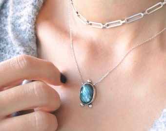 Labradorite Silver Necklace: Healing Crystal Protection Pendant