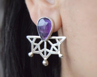 Amethyst birthstone statement earrings, Handmade purple stone silver earring, Geometric mandala healing crystal earrings