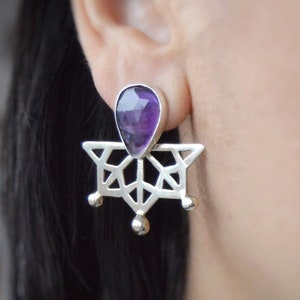 Amethyst birthstone statement earrings, Handmade purple stone silver earring, Geometric mandala healing crystal earrings image 1