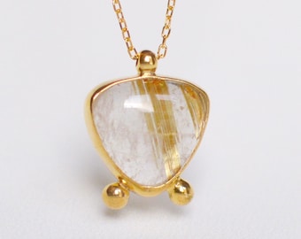 Handmade Gold Plated Silver Necklace with Triangular Rutilated Quartz and Silver Ball Accents