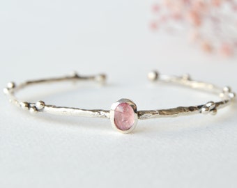 Pink Tourmaline Cuff Bracelet, Pink stone cuff , Textured Bangle, Handmade artisan jewelry, Birthday stone gift, October stone gift, 'HOPE'