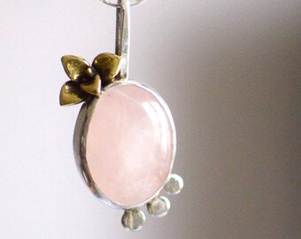 Minimalist Botanical Silver Necklace, Modern Rose Quartz Pendant, Artisan Mixed Metal Succulent