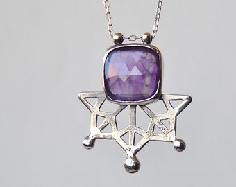 Amethyst geometric necklace, Mandala necklace, Sterling silver pendant, Unique healing stone jewelry, Modern long necklace, Yoga necklace
