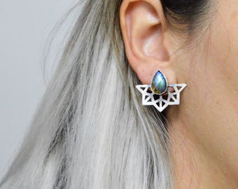 Labradorite mandala earrings, Geometric earrings, Unique moonstone jewelry, Blue healing stone jewelry, Yoga jewelry