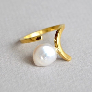 Gold Plated Sterling Silver Pearl Ring: Minimalist Geometric Jewelry