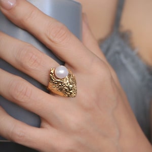 Amunet Baroque Pearl Ring - Adjustable Textured Gold Plated Ring with Freshwater Pearl