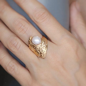 Amunet Baroque Pearl Ring - Adjustable Textured Gold Plated Ring with Freshwater Pearl