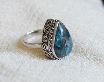 Chrysocolla  silver ring, Artisan blue stone ring, Oxidized silver stone ring