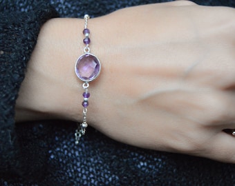 Dainty amethyst silver bracelet, February birthstone bracelet, Delicate chain crystal bracelet, Bridesmaid gift, Tiny chain with balls