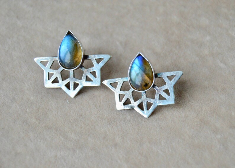 Geometric earrings Labradorite mandala earrings Blue healing stone jewelry Yoga jewelry Unique moonstone jewelry