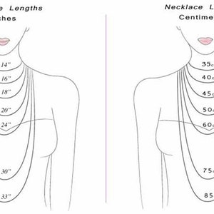 Illustration of two female models displaying necklace lengths in inches and centimeters, showing how different chain lengths fall on the neck.