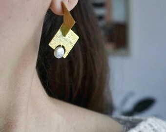 Geometric Gold Pearl Statement Stud Earrings, Handmade Textured Architectural Drop Design