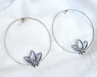 Lotus flower hoop earrings, Big hoop earrings, Waterlily earrings, Botanical jewelry, Hoop earrings with charm, Yoga symbol gift for her