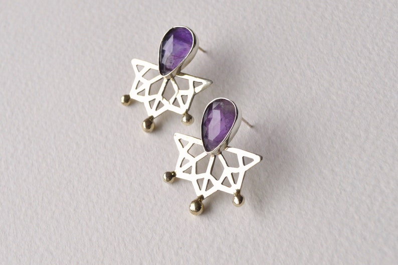 Amethyst birthstone statement earrings, Handmade purple stone silver earring, Geometric mandala healing crystal earrings image 3