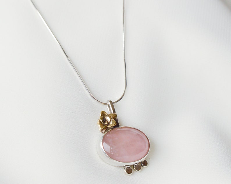 Pink stone pendant Minimalist botanical necklace Modern rose quartz pendant Floral Silver jewelry Artisan mixed metal succulent,