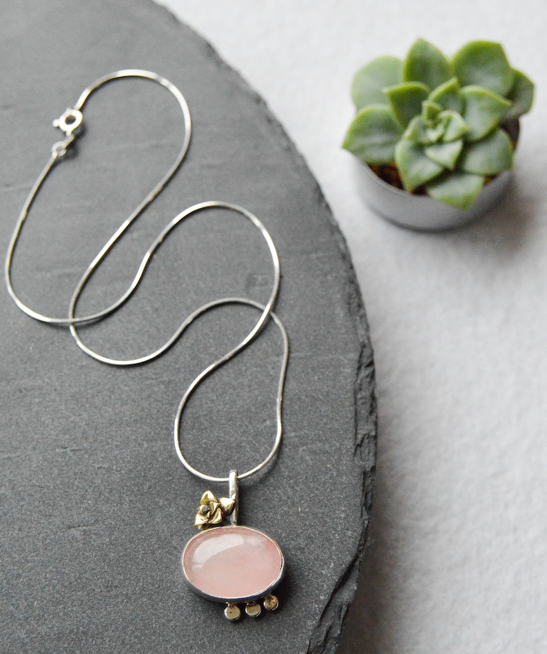 Pink stone pendant Minimalist botanical necklace Modern rose quartz pendant Floral Silver jewelry Artisan mixed metal succulent,