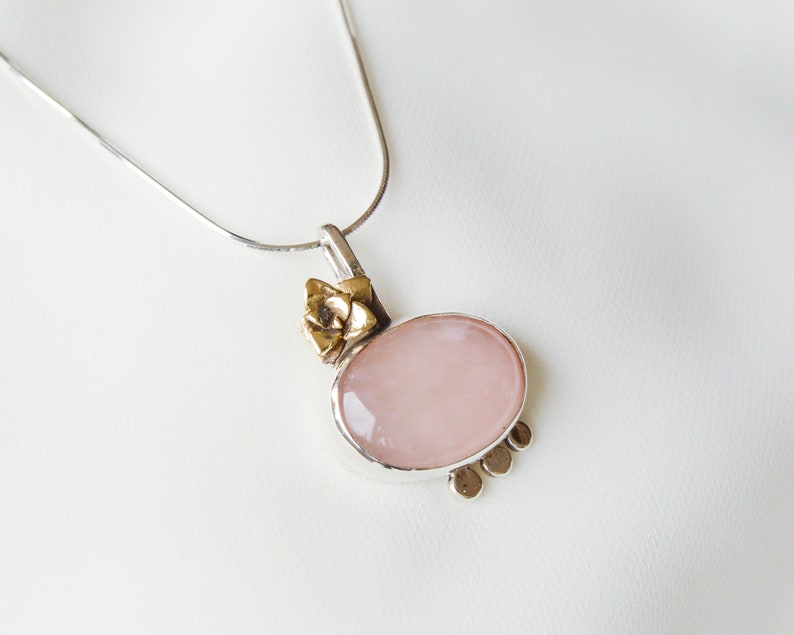 Pink stone pendant Minimalist botanical necklace Modern rose quartz pendant Floral Silver jewelry Artisan mixed metal succulent,