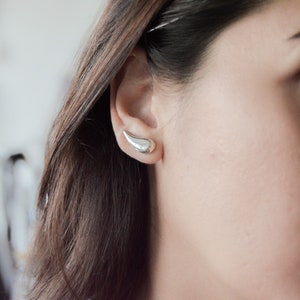 May include: A close-up of a person's ear with a silver teardrop-shaped earring. The earring is a simple, modern design.