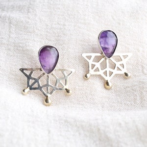 Amethyst birthstone statement earrings, Handmade purple stone silver earring, Geometric mandala healing crystal earrings image 5