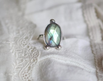 Handmade Faceted Oval Labradorite Sterling Silver Ring, Adjustable Boho Jewelry