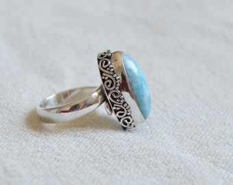 Larimar ornamented with silver designs boho chic ring, FREE SHİPPİNG