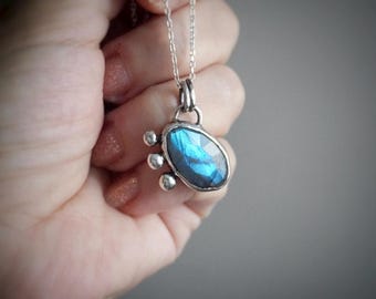 Labradorite Pendant Necklace, Sterling Silver Handmade Oval Gemstone Jewelry