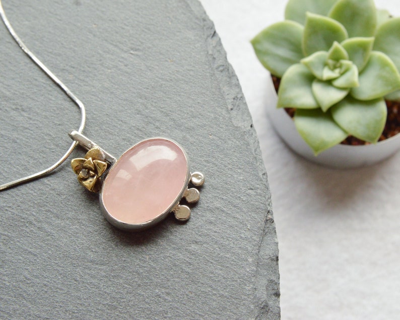 Pink stone pendant Minimalist botanical necklace Modern rose quartz pendant Floral Silver jewelry Artisan mixed metal succulent,