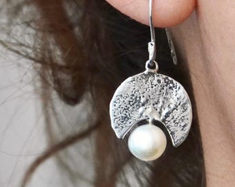 Freshwater Pearl Crescent Moon Earrings, Handmade Sterling Silver baroque Pearl Organic Texture Jewelry