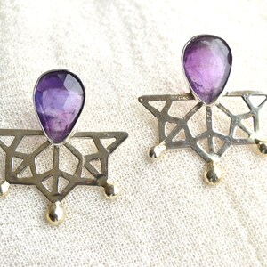 Amethyst birthstone statement earrings, Handmade purple stone silver earring, Geometric mandala healing crystal earrings image 2