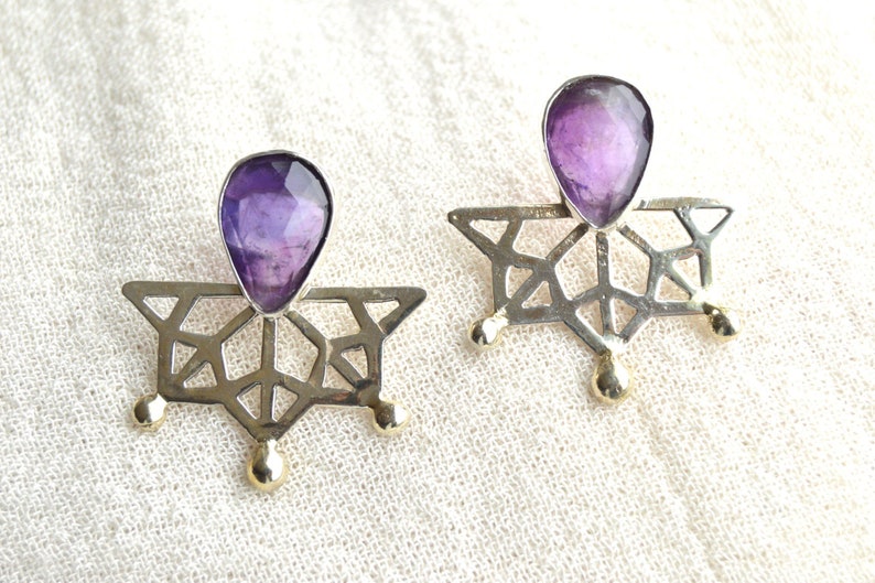 Amethyst birthstone statement earrings, Handmade purple stone silver earring, Geometric mandala healing crystal earrings image 2