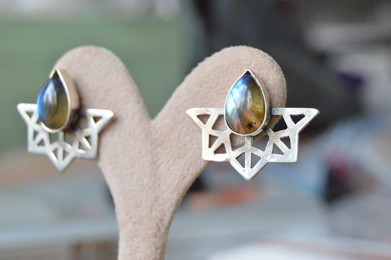 Geometric earrings Labradorite mandala earrings Blue healing stone jewelry Yoga jewelry Unique moonstone jewelry