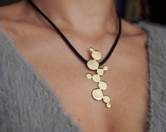 Gold Plated Bronze Abstract Pendant Necklace, Sculptural Modern Jewelry on Black Cord