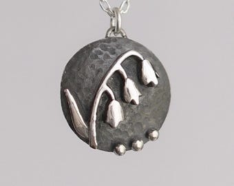 Lily of the Valley Necklace, May Birth Flower Jewelry, Handmade Oxidized Sterling Silver Pendant