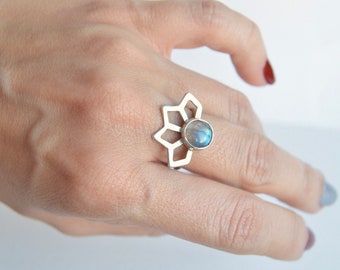 Labradorite mandala rings, Geometric ring, Unique moonstone jewelry, Blue healing stone, Yoga jewelry, Minimalist ring