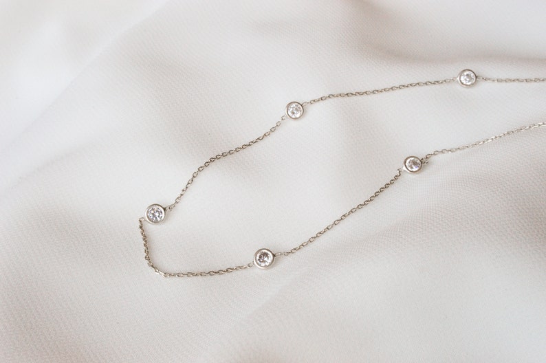 Silver CZ station necklace, CZ by the yard chain necklace, Cubic zirconia long necklace, Bridal jewelry, Diamond look layer necklace image 2