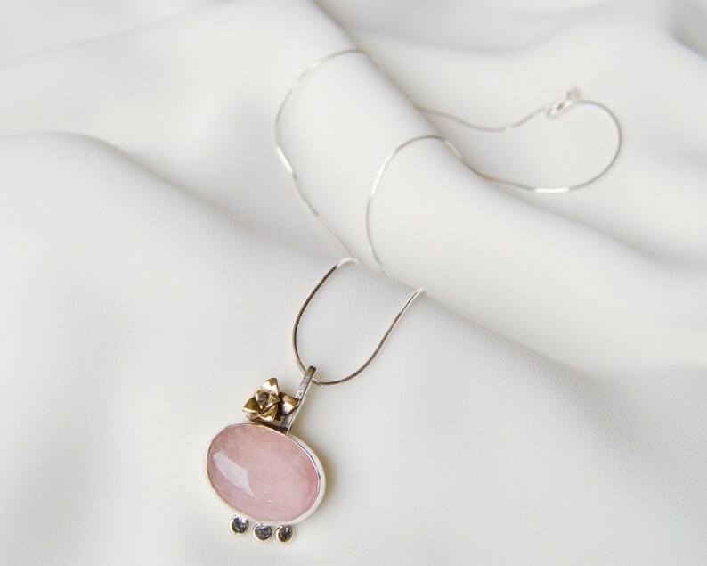 Pink stone pendant Minimalist botanical necklace Modern rose quartz pendant Floral Silver jewelry Artisan mixed metal succulent,