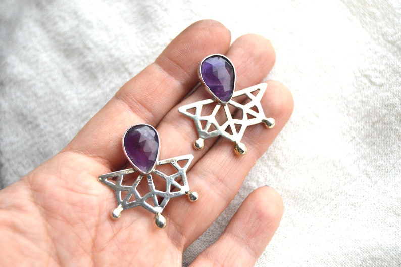 Amethyst birthstone statement earrings, Handmade purple stone silver earring, Geometric mandala healing crystal earrings image 4