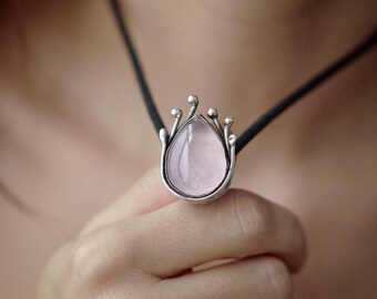 Rose Quartz Necklace Sterling Silver, Teardrop Pink Gemstone Pendant Botanical Romantic Statement Jewelry