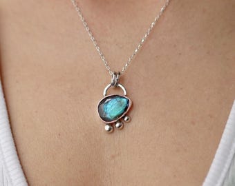Labradorite Sterling Silver Pendant Necklace, Handmade Blue Green Gemstone Artisan Statement Jewelry