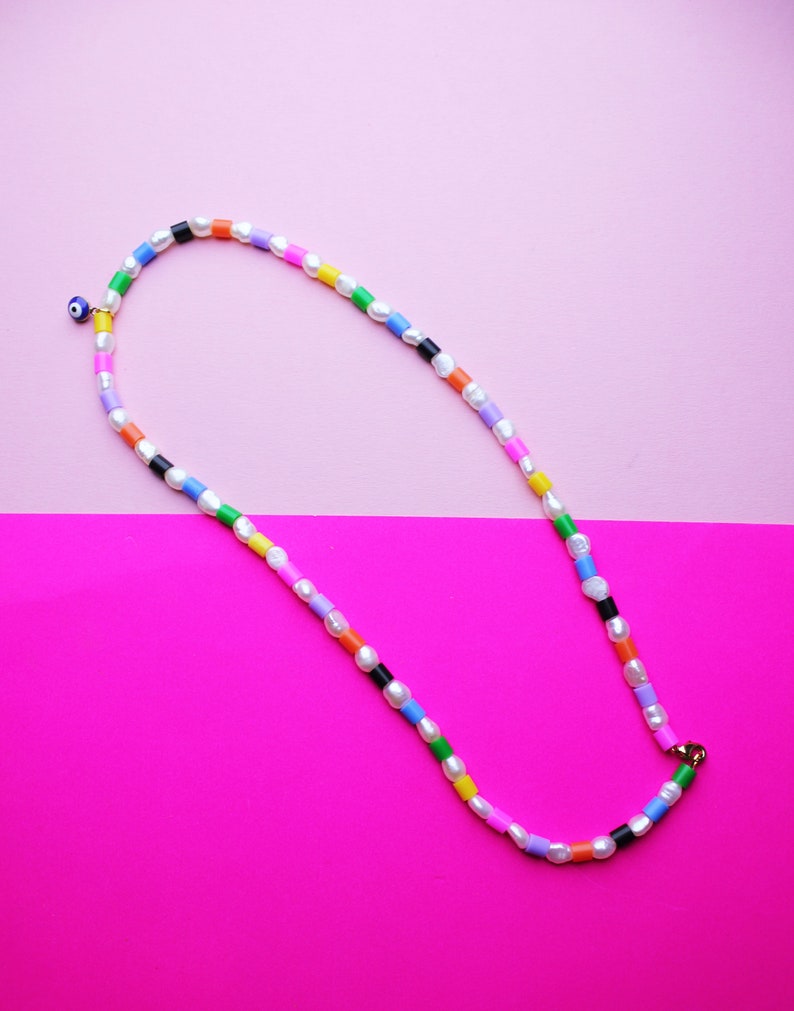 Cute handmade beaded freshwater pearl necklace beado/'s 90s style nostalgic colourful bead necklace evil eye charm necklace accessory
