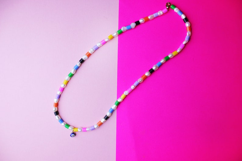 Cute handmade beaded freshwater pearl necklace beado/'s 90s style nostalgic colourful bead necklace evil eye charm necklace accessory