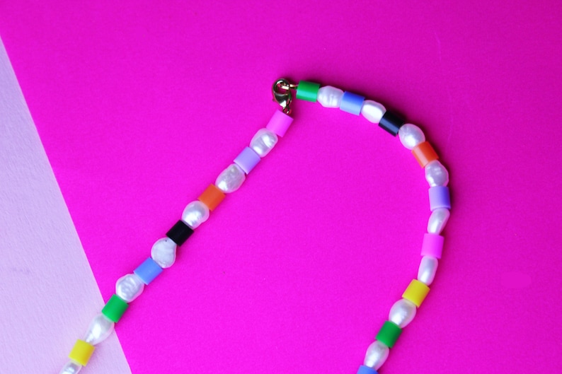 Cute handmade beaded freshwater pearl necklace beado/'s 90s style nostalgic colourful bead necklace evil eye charm necklace accessory