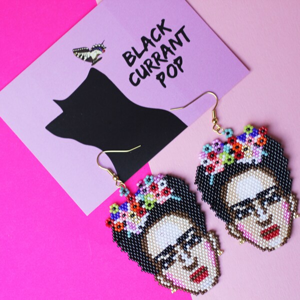 Hand Perlen Frida Ohrringe, mexikanischen Künstler, Blumenkrone, Ohrringe, Accessoires, gewebten Perlen Design, feministische Ohrringe, bunten Spaß