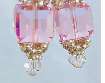 Sterling Silver Earrings, 8mm Swarovski Sq Lt Rose Beads with 4mm Clear Crystal & Bali SS Bead Caps with Leaver Back Hooks.