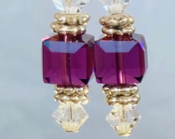 Sterling Silver Swarovski square Amethyst Crystal Earrings with clear crystals & Bali SS spacers, and hanging from  leaverback hooks.