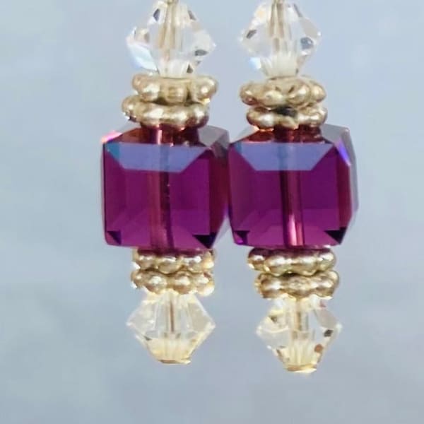 Sterling Silver Swarovski square Amethyst Crystal Earrings with clear crystals & Bali SS spacers, and hanging from  leaverback hooks.