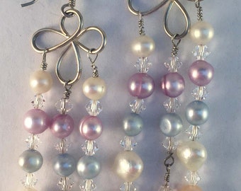 SS Wirewrapped MULTI PEARL and Crystal Earrings, Cascade
