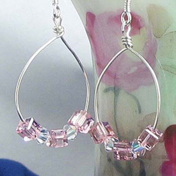 SS Wirewrapped Swarovski Aqua Crystal Hoop Earrings, Handmade