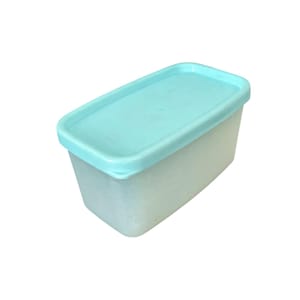 May include: A rectangular, translucent plastic container with a light blue lid. The container is designed for food storage and has a simple, clean design. The lid fits snugly on top.